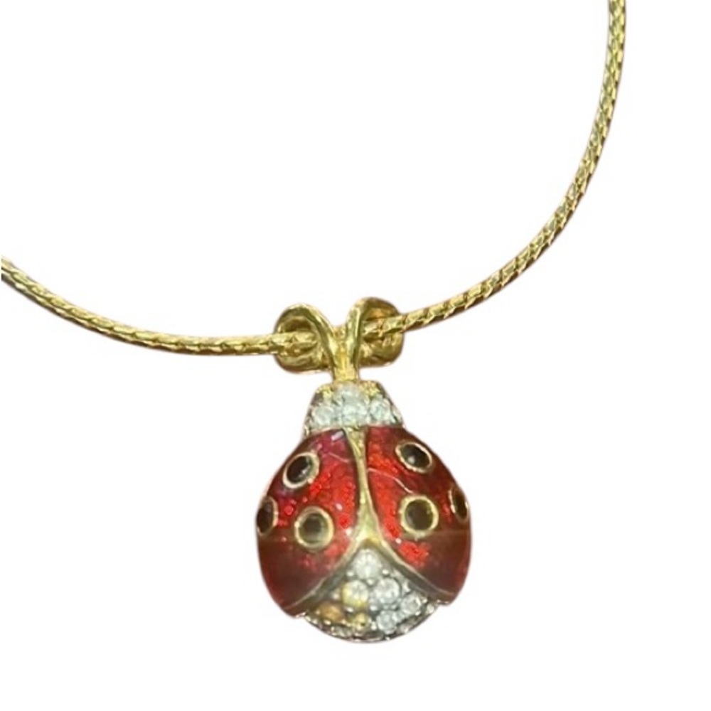 SWAROSKI Gold, Red, Black & Crystal Ladybug Necklace - SWAN charm on chain - EUC